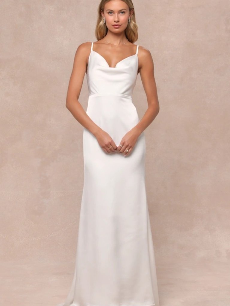 Lulus Pristine Romance White Satin Cowl Neck Mermaid Maxi Dress Sz L